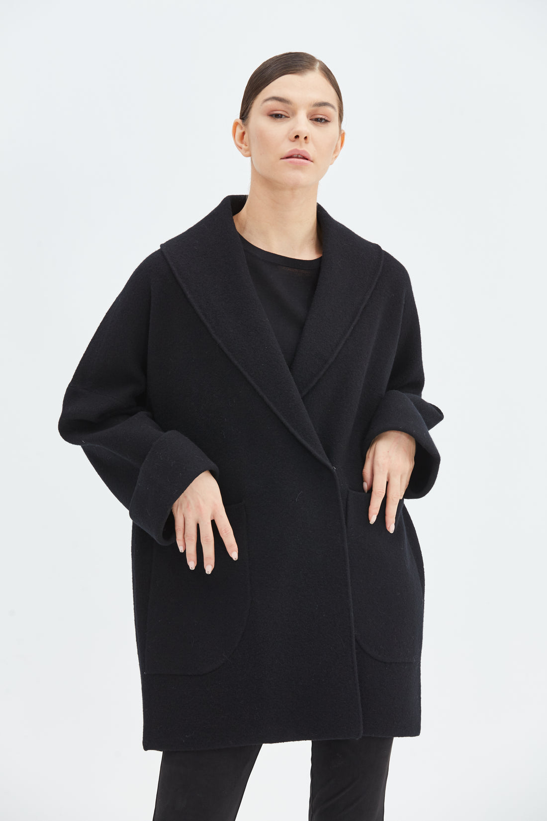 Women's Cocoon Wool Coat with Pockets | Black and White | Public Habit