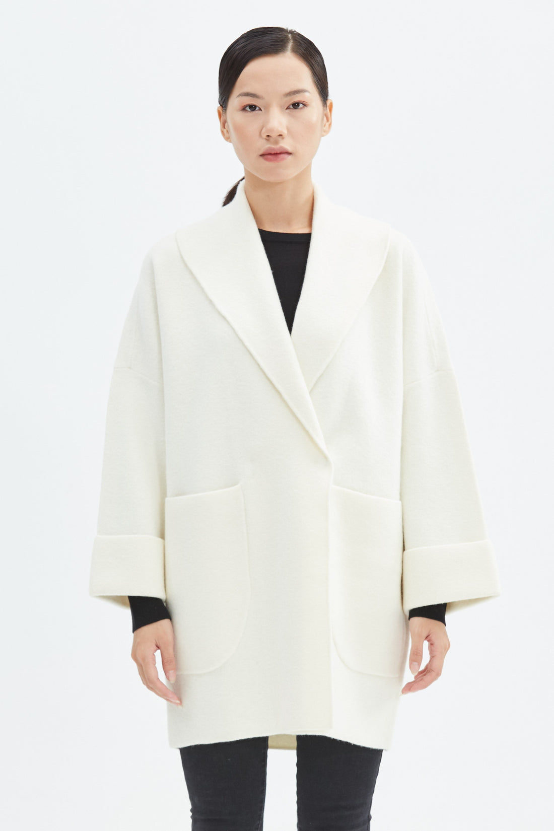 Women's Cocoon Wool Coat with Pockets | Black and White | Public